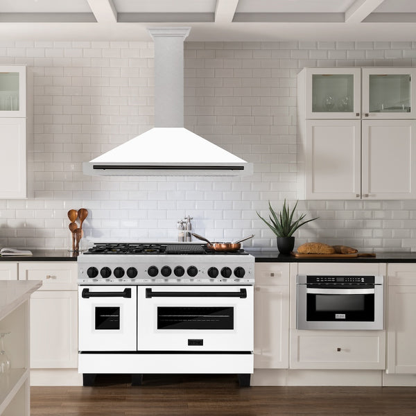 ZLINE 48 in. Autograph Edition Convertible Fingerprint Resistant Satin Stainless Steel Range Hood with White Matte Shell and Matte Black Handle (KB4SNZ-WM48-MB)