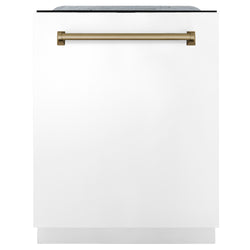 ZLINE Autograph Edition 24" Monument Series 3rd Rack Top Touch Control Tall Tub Dishwasher in White Matte with Champagne Bronze Handle, 45dBa (DWMTZ-WM-24-CB)