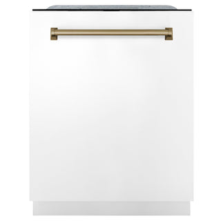 ZLINE Autograph Edition 24" Monument Series 3rd Rack Top Touch Control Tall Tub Dishwasher in White Matte with Champagne Bronze Handle, 45dBa (DWMTZ-WM-24-CB)