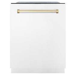 ZLINE Autograph Edition 24" Monument Series 3rd Rack Top Touch Control Tall Tub Dishwasher in White Matte with Polished Gold Handle, 45dBa (DWMTZ-WM-24-G)