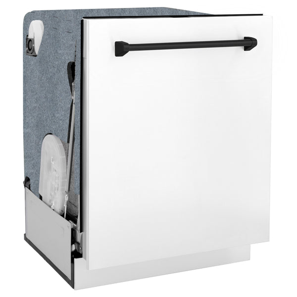 ZLINE Autograph Edition 24" Monument Series 3rd Rack Top Control Built-In Tall Tub Dishwasher in White Matte with Matte Black Handle, 45dBa (DWMTZ-WM-24-MB)