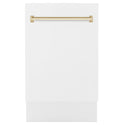 ZLINE Autograph Edition 18” Tallac Series 3rd Rack Top Control Built-In Dishwasher in White Matte with Polished Gold Handle, 51dBa (DWVZ-WM-18-G)