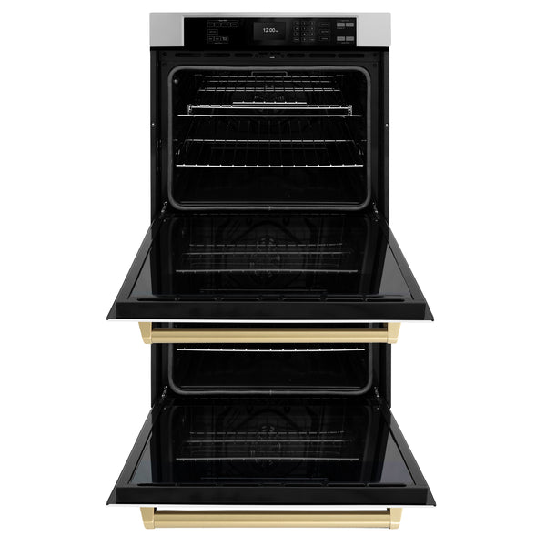 ZLINE 30 in. Autograph Edition Professional True Convection Double Wall Oven with Air Fry and Self Clean in Stainless Steel with White Matte Doors and Champagne Bronze Handles (WADZ-WM-30-CB)