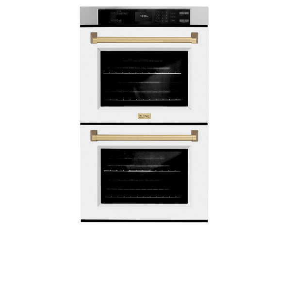 ZLINE 30 in. Autograph Edition Professional True Convection Double Wall Oven with Air Fry and Self Clean in Stainless Steel with White Matte Doors and Champagne Bronze Handles (WADZ-WM-30-CB)