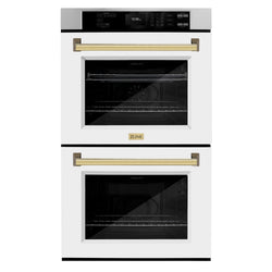 ZLINE 30 in. Autograph Edition Professional True Convection Double Wall Oven with Air Fry and Self Clean in Stainless Steel with White Matte Doors and Polished Gold Handles (WADZ-WM-30-G)