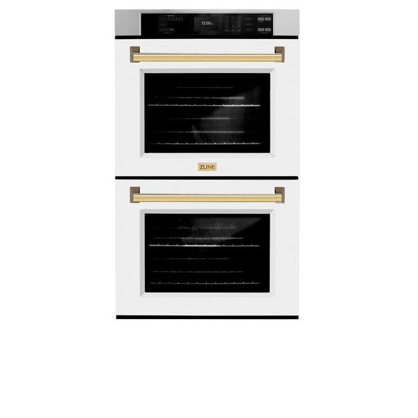 ZLINE 30 in. Autograph Edition Professional True Convection Double Wall Oven with Air Fry and Self Clean in Stainless Steel with White Matte Doors and Polished Gold Handles (WADZ-WM-30-G)