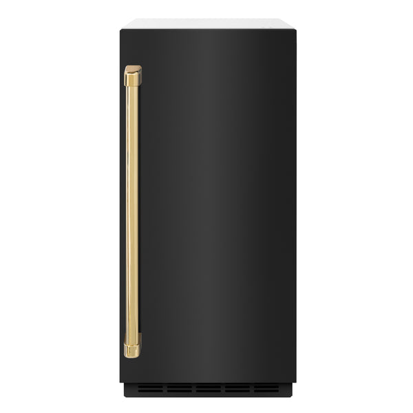 ZLINE Autograph Edition 15 in. Touchstone Clear Cube Ice Maker with Drain Pump and Black Stainless Steel Door with Polished Gold Handle (ICCDZ-BS-15-G)