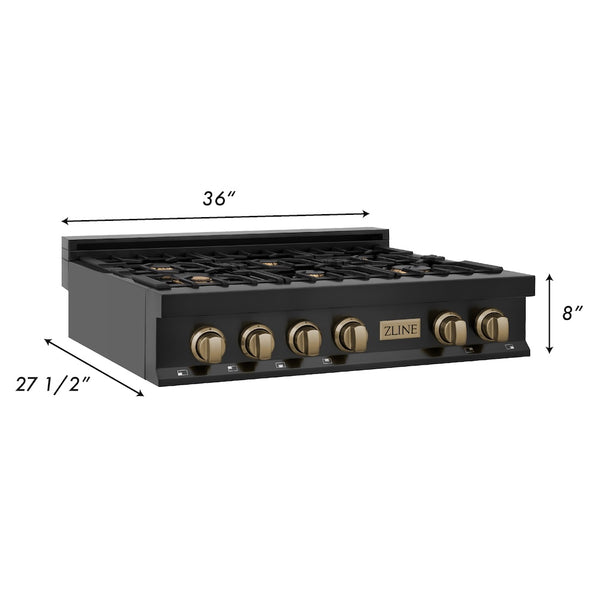 ZLINE Autograph Edition 36 in. Legacy Gas Rangetop with 6 Burners and Porcelain Cooktop in Black Stainless Steel with Champagne Bronze Accents, Open Box-Great Condition