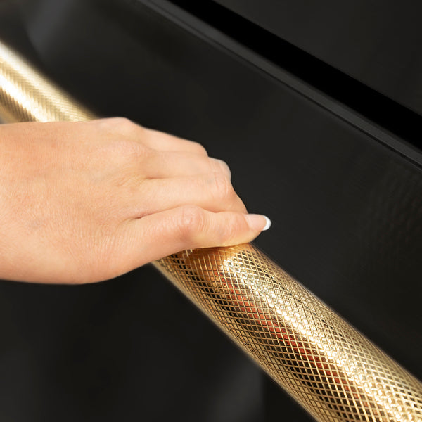 ZLINE Autograph Edition 36 in. 21.6 cu. ft. Counter-Depth French Door Refrigerator with Water and Ice Dispenser in Fingerprint-Resistant Black Stainless Steel with Polished Gold Helix Handles (RFMZ-W-36-BS-KG)