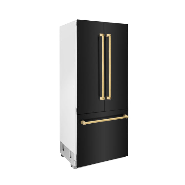 ZLINE 36" Autograph Edition 19.6 cu. ft. Built-in 3-DoorFrench Door Refrigerator with Internal Water and Ice Dispenser in Black Stainless Steel with Polished Gold  Accents (RBIVZ-BS-36-G)