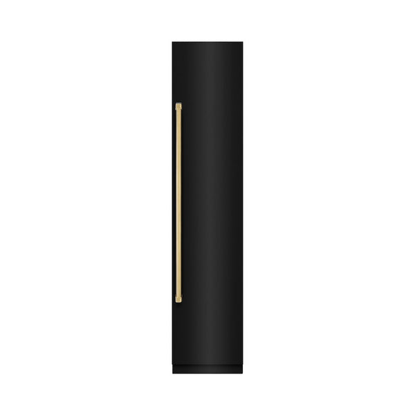 ZLINE Autograph Edition 18 in. 8.6 cu. ft. Right Hinge Column Freezer in Black Stainless Steel with Graphite Gray Interior and Polished Gold Accents (RCFVRZ-BS-18-G) front, closed.
