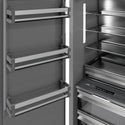 ZLINE Autograph Edition 30 in. 16.7 cu. ft. Column Refrigerator in Black Stainless Steel with Graphite Gray Interior and Champagne Bronze Accents (RCRVZ-BS-30-CB) close-up detail, door open.