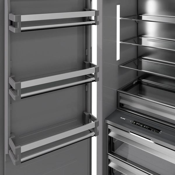 ZLINE Autograph Edition 30 in. 16.7 cu. ft. Column Refrigerator in Black Stainless Steel with Graphite Gray Interior and Champagne Bronze Accents (RCRVZ-BS-30-CB) close-up detail, door open.
