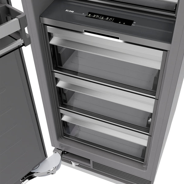ZLINE Autograph Edition 30 in. 16.7 cu. ft. Column Refrigerator in Black Stainless Steel with Graphite Gray Interior and Champagne Bronze Accents (RCRVZ-BS-30-CB) close-up detail, drawers.