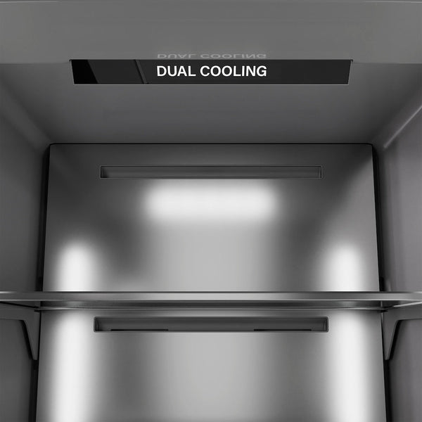 ZLINE Autograph Edition 30 in. 16.7 cu. ft. Column Refrigerator in Black Stainless Steel with Graphite Gray Interior and Champagne Bronze Accents (RCRVZ-BS-30-CB) close-up detail, dual cooling.