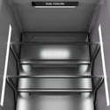 ZLINE Autograph Edition 30 in. 16.7 cu. ft. Column Refrigerator in Black Stainless Steel with Graphite Gray Interior and Champagne Bronze Accents (RCRVZ-BS-30-CB) close-up detail, illuminated interior.