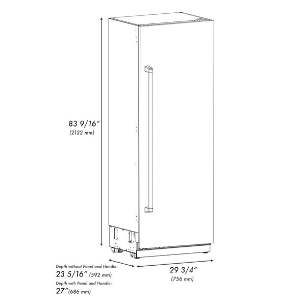 ZLINE Autograph Edition 30 in. 16.7 cu. ft. Column Refrigerator in Black Stainless Steel with Graphite Gray Interior and Champagne Bronze Accents (RCRVZ-BS-30-CB) dimensional diagram.