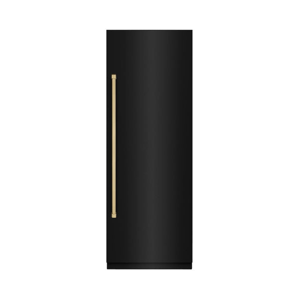 ZLINE Autograph Edition 30 in. 16.7 cu. ft. Column Refrigerator in Black Stainless Steel with Graphite Gray Interior and Champagne Bronze Accents (RCRVZ-BS-30-CB) front, closed.