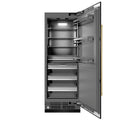 ZLINE Autograph Edition 30 in. 16.7 cu. ft. Column Refrigerator in Black Stainless Steel with Graphite Gray Interior and Champagne Bronze Accents (RCRVZ-BS-30-CB) front, open.