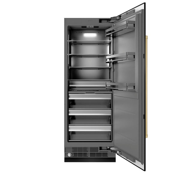 ZLINE Autograph Edition 30 in. 16.7 cu. ft. Column Refrigerator in Black Stainless Steel with Graphite Gray Interior and Champagne Bronze Accents (RCRVZ-BS-30-CB) front, open.