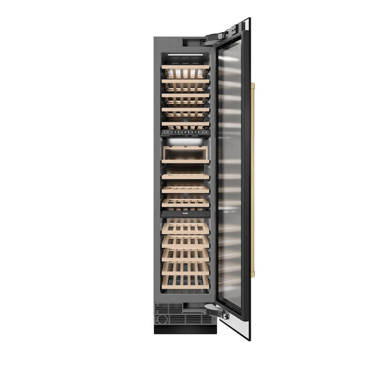 ZLINE Autograph Edition 18 in. 9.0 cu. ft. Triple Zone 68 Bottle Right Hinge Column Wine Cooler in Black Stainless Steel with Champagne Bronze Accents (RCWVRZ-BS-18-CB)