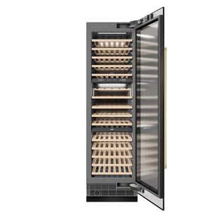 ZLINE Autograph Edition 24 in. 12.4 cu. ft. Triple Zone 100 Bottle Column Wine Cooler in Black Stainless Steel and Polished Gold Accents (RCWVZ-BS-24-G) front, open.
