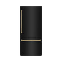 ZLINE Autograph Edition 36 in. 19.8 cu. ft. Built-In Bottom Freezer Refrigerator with Water Dispenser and Ice Maker in Black Stainless Steel with Graphite Gray Interior and Polished Gold Helix Handles (GRBITZ-BS36-KG)