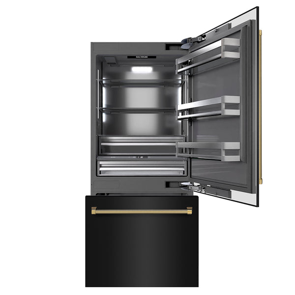 ZLINE Autograph Edition 36 in. 19.8 cu. ft. Built-In Bottom Freezer Refrigerator with Water Dispenser and Ice Maker in Black Stainless Steel with Graphite Gray Interior and Polished Gold Helix Handles (GRBITZ-BS36-KG)