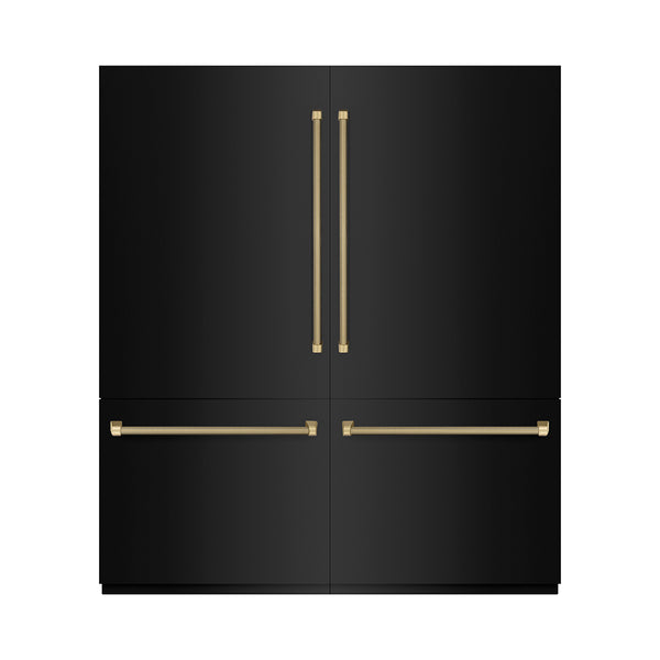 ZLINE Autograph Edition 72 in. 39.6 cu. ft. French Door Built-In Bottom Freezer Refrigerator with Water Dispensers and Ice Makers in Black Stainless Steel with Graphite Gray Interior and Champagne Bronze Helix Handles (GRBITZ-BS72-KCB)
