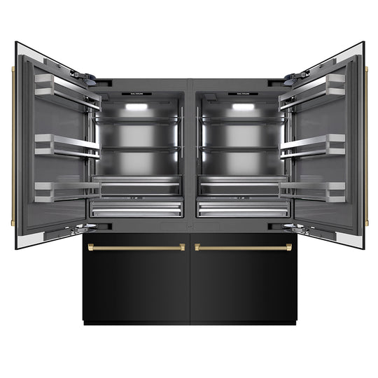 ZLINE Autograph Edition 72 in. 39.6 cu. ft. French Door Built-In Bottom Freezer Refrigerator with Water Dispensers and Ice Makers in Black Stainless Steel with Graphite Gray Interior and Champagne Bronze Helix Handles (GRBITZ-BS72-KCB)