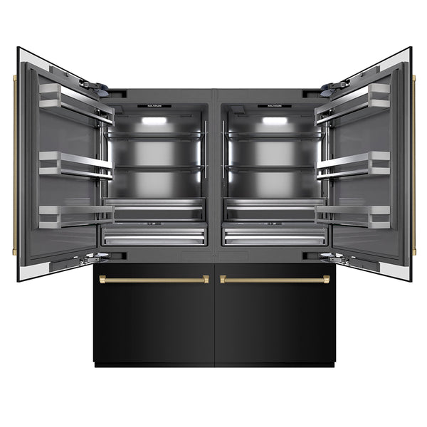 ZLINE Autograph Edition 72 in. 39.6 cu. ft. French Door Built-In Bottom Freezer Refrigerator with Water Dispensers and Ice Makers in Black Stainless Steel with Graphite Gray Interior and Champagne Bronze Helix Handles (GRBITZ-BS72-KCB)