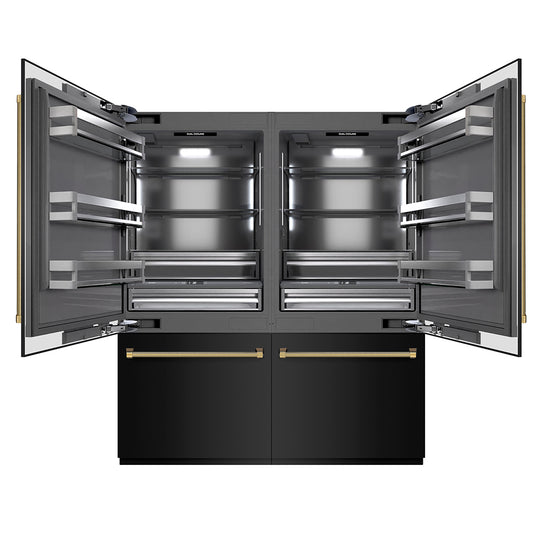 ZLINE Autograph Edition 72 in. 39.6 cu. ft. French Door Built-In Bottom Freezer Refrigerator with Water Dispensers and Ice Makers in Black Stainless Steel with Graphite Gray Interior and Polished Gold Helix Handles (GRBITZ-BS-72-KG)