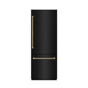 ZLINE Autograph Edition 30 in. 16.1 cu. ft. Built-In Bottom Freezer Refrigerator with Water Dispenser and Ice Maker in Black Stainless Steel with Graphite Gray Interior and Polished Gold Helix Handles (GRBIVZ-BS30KG)