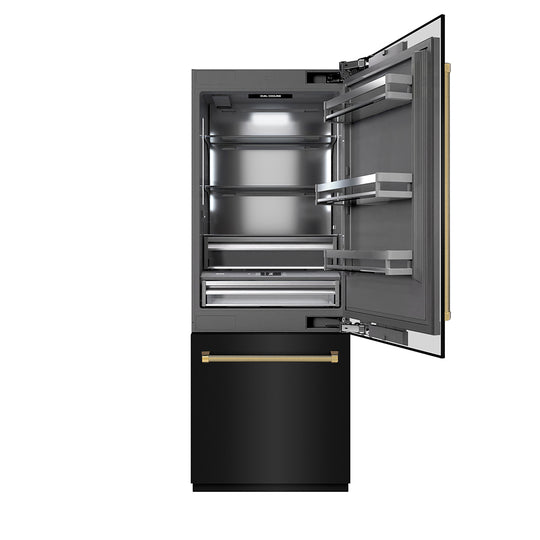 ZLINE Autograph Edition 30 in. 16.1 cu. ft. Built-In Bottom Freezer Refrigerator with Water Dispenser and Ice Maker in Black Stainless Steel with Graphite Gray Interior and Polished Gold Helix Handles (GRBIVZ-BS30KG)