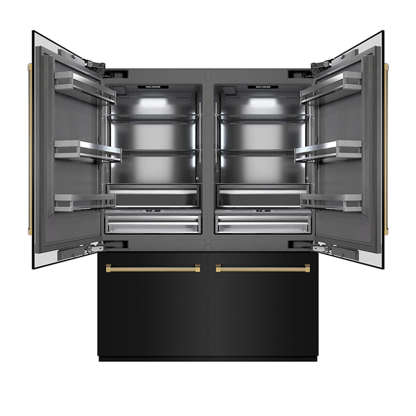 ZLINE Autograph Edition 60 in. 32.2 cu. ft. French Door Built-In Bottom Freezer Refrigerator with Water Dispenser and Ice Maker in Black Stainless Steel with Graphite Gray Interior and Polished Gold Helix Handles (GRBIVZ-BS60KG)