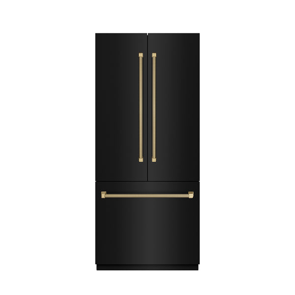 ZLINE Autograph Edition 36 in. 19.6 cu. ft. French Door Built-In Bottom Freezer Refrigerator with Water Dispenser and Ice Maker in Black Stainless Steel with Graphite Gray Interior and Champagne Bronze Helix Handles (GRBIVZ-BS36KCB)