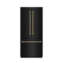 ZLINE Autograph Edition 36 in. 19.6 cu. ft. French Door Built-In Bottom Freezer Refrigerator with Water Dispenser and Ice Maker in Black Stainless Steel with Graphite Gray Interior and Polished Gold Helix Handles (GRBIVZ-BS36KG)