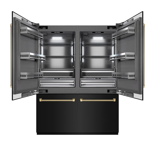 ZLINE Autograph Edition 60 in. 32.2 cu. ft. French Door Built-In Bottom Freezer Refrigerator with Water Dispenser and Ice Maker in Black Stainless Steel with Graphite Gray Interior and Champagne Bronze Helix Handles (GRBIVZ-BS60KCB)