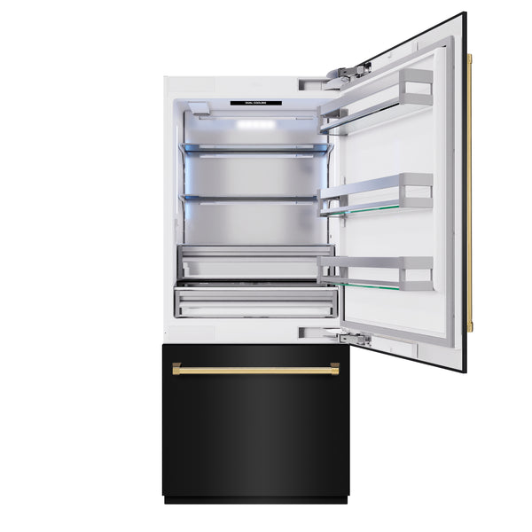 ZLINE Autograph Edition 36 in. 19.8 cu. ft. Built-In Bottom Freezer Refrigerator with Water Dispenser and Ice Maker in Black Stainless Steel and Polished Gold Accents (RBITZ-BS-36-G)