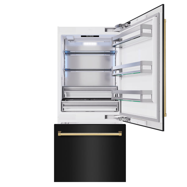 ZLINE Autograph Edition 36 in. 19.8 cu. ft. Built-In Bottom Freezer Refrigerator with Water Dispenser and Ice Maker in Black Stainless Steel and Polished Gold Accents (RBITZ-BS-36-G)