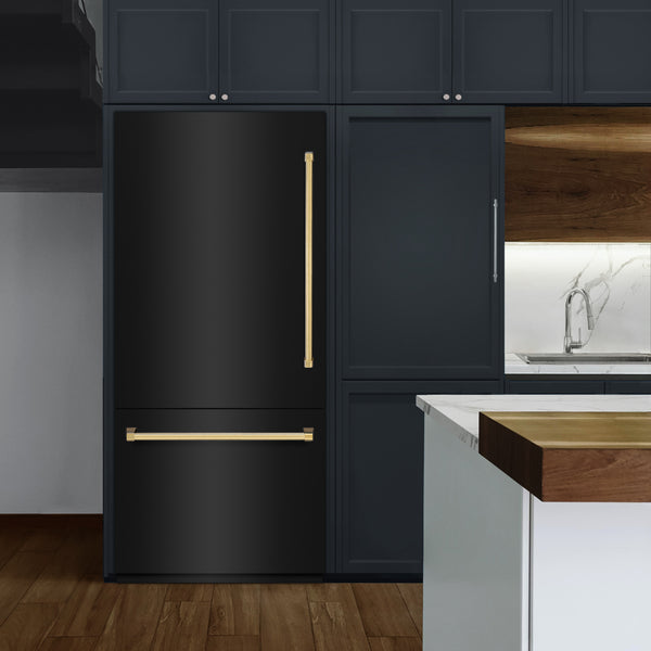 ZLINE Autograph Edition 36 in. 19.8 cu. ft. Built-In Bottom Freezer Refrigerator with Water Dispenser and Ice Maker in Black Stainless Steel and Polished Gold Accents (RBITZ-BS-36-G)