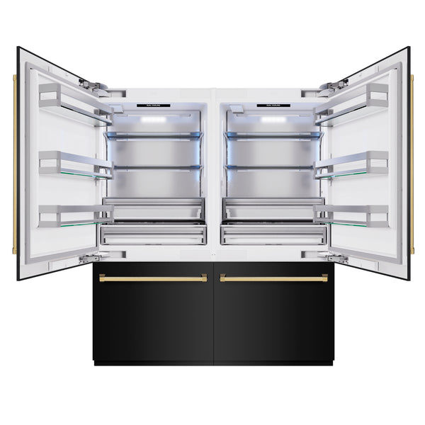 ZLINE Autograph Edition 72 in. 39.6 cu. ft. French Door Built-In Bottom Freezer Refrigerator with Water Dispensers and Ice Makers in Black Stainless Steel and Polished Gold Accents (RBITZ-BS-72-G)