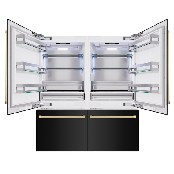 ZLINE Autograph Edition 72 in. 39.6 cu. ft. French Door Built-In Bottom Freezer Refrigerator with Water Dispensers and Ice Makers in Black Stainless Steel and Polished Gold Accents (RBITZ-BS-72-G)