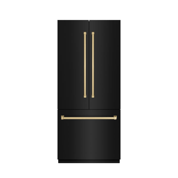 ZLINE Autograph Edition 36 in. 19.6 cu. ft. French Door Built-In Bottom Freezer Refrigerator with Water Dispenser and Ice Maker in Black Stainless Steel with Stainless Steel Interior and Champagne Bronze Accents (SRBIVZ-BS-36-CB)