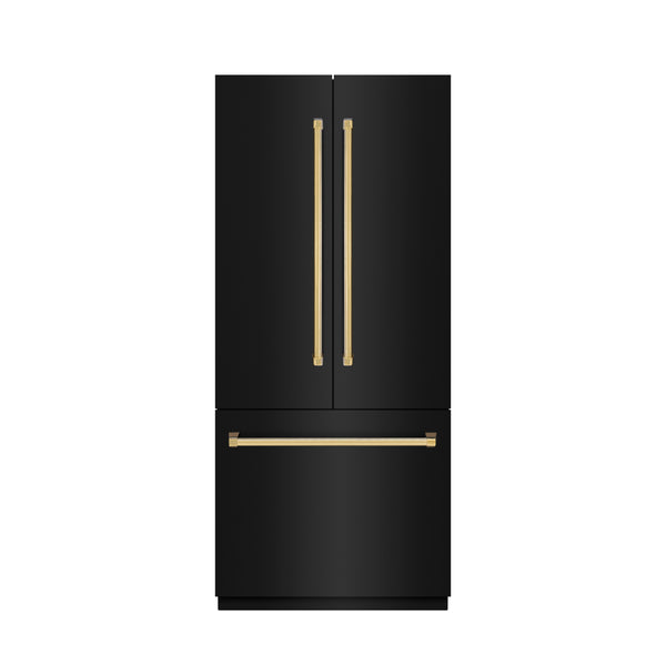 ZLINE Autograph Edition 36 in. 19.6 cu. ft. French Door Built-In Bottom Freezer Refrigerator with Water Dispenser and Ice Maker in Black Stainless Steel with Stainless Steel Interior and Polished Gold Accents (SRBIVZ-BS-36-G)