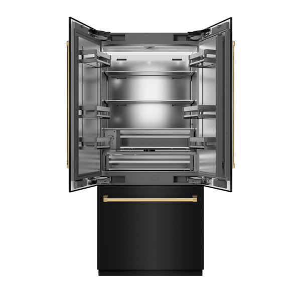ZLINE Autograph Edition 36 in. 19.6 cu. ft. French Door Built-In Bottom Freezer Refrigerator with Water Dispenser and Ice Maker in Black Stainless Steel with Stainless Steel Interior and Polished Gold Accents (SRBIVZ-BS-36-G)