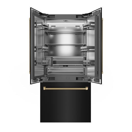 ZLINE Autograph Edition 36 in. 19.6 cu. ft. French Door Built-In Bottom Freezer Refrigerator with Water Dispenser and Ice Maker in Black Stainless Steel with Stainless Steel Interior and Champagne Bronze Helix Handles (SRBIVZ-BS36KCB)