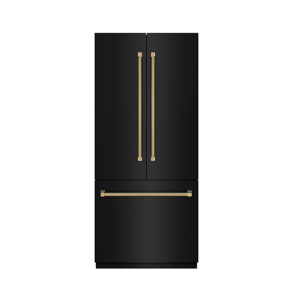 ZLINE Autograph Edition 36 in. 19.6 cu. ft. French Door Built-In Bottom Freezer Refrigerator with Water Dispenser and Ice Maker in Black Stainless Steel with Stainless Steel Interior and Polished Gold Helix Handles (SRBIVZ-BS36KG)