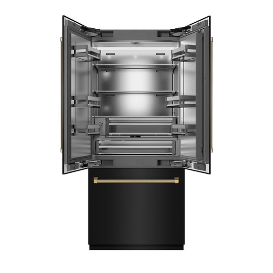 ZLINE Autograph Edition 36 in. 19.6 cu. ft. French Door Built-In Bottom Freezer Refrigerator with Water Dispenser and Ice Maker in Black Stainless Steel with Stainless Steel Interior and Polished Gold Helix Handles (SRBIVZ-BS36KG)