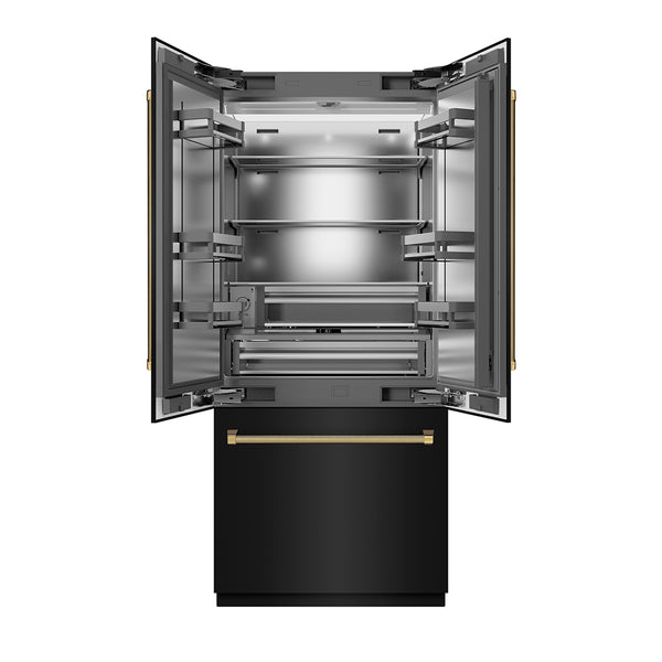 ZLINE Autograph Edition 36 in. 19.6 cu. ft. French Door Built-In Bottom Freezer Refrigerator with Water Dispenser and Ice Maker in Black Stainless Steel with Stainless Steel Interior and Polished Gold Helix Handles (SRBIVZ-BS36KG)